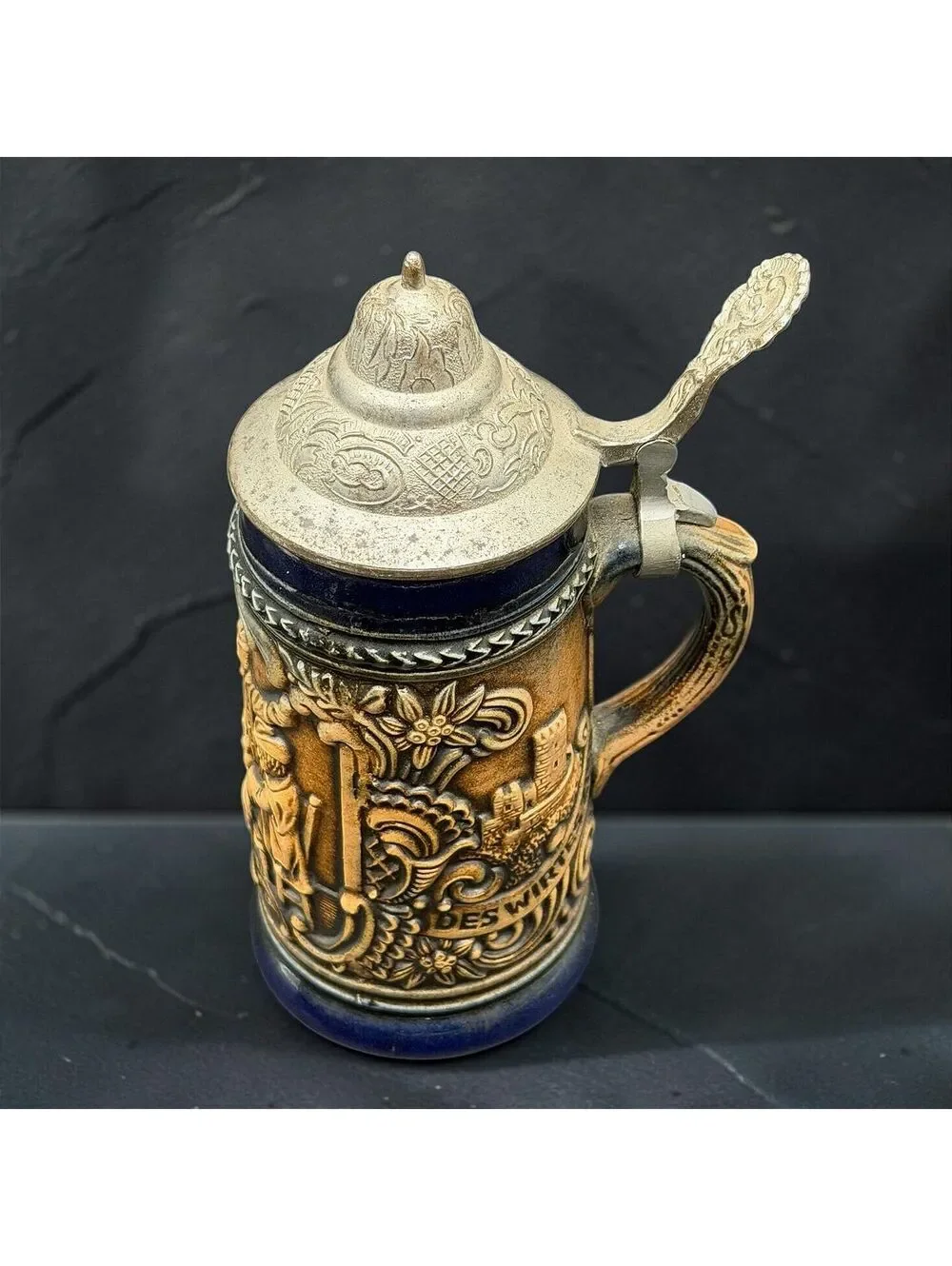 Vintage Gerz West Germany Beer Stein Metal Lid Cobalt Blue Relief Tankard 7